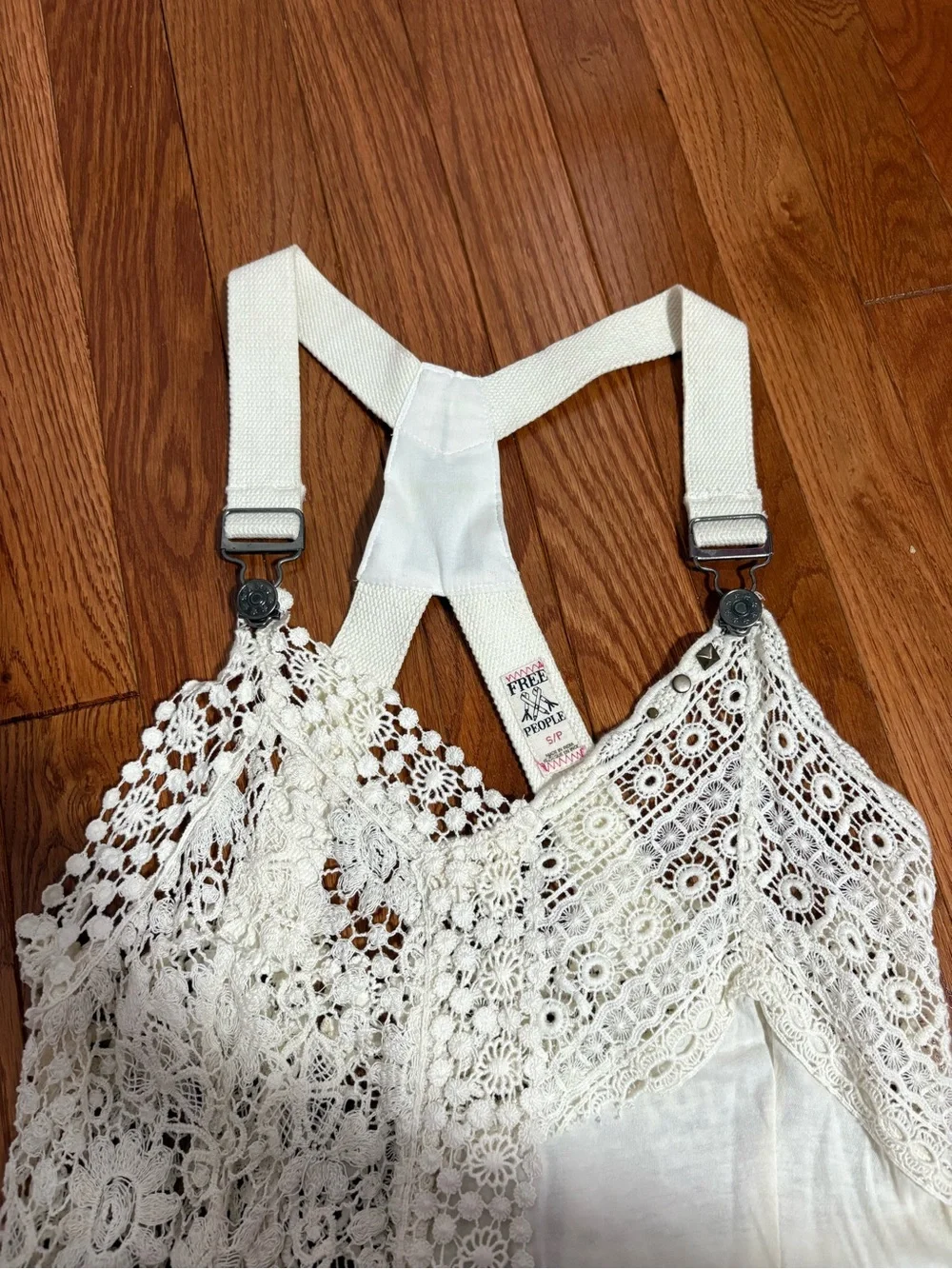 Free People Vintage Cream Lace Crochet Halter Top with Straps, Size Small